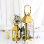 Stainless Steel Candle Lantern Crown Top Design Gold - Outdoor Metal Patio Lantern Centerpiece 14"