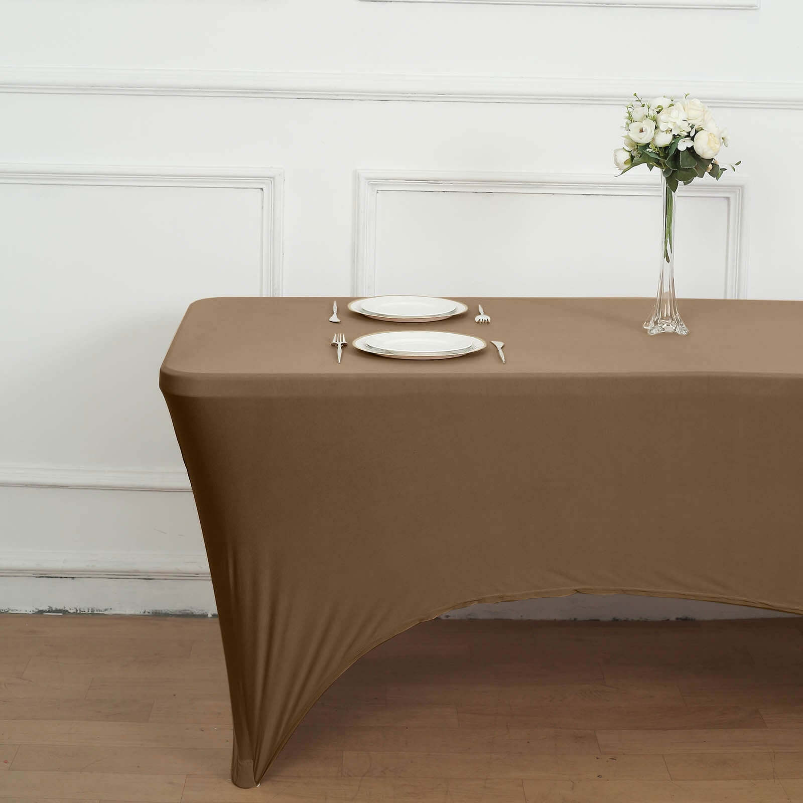 Stretch Spandex 6ft Rectangle Tablecloth Taupe - Durable Form-Fitting Table Cover
