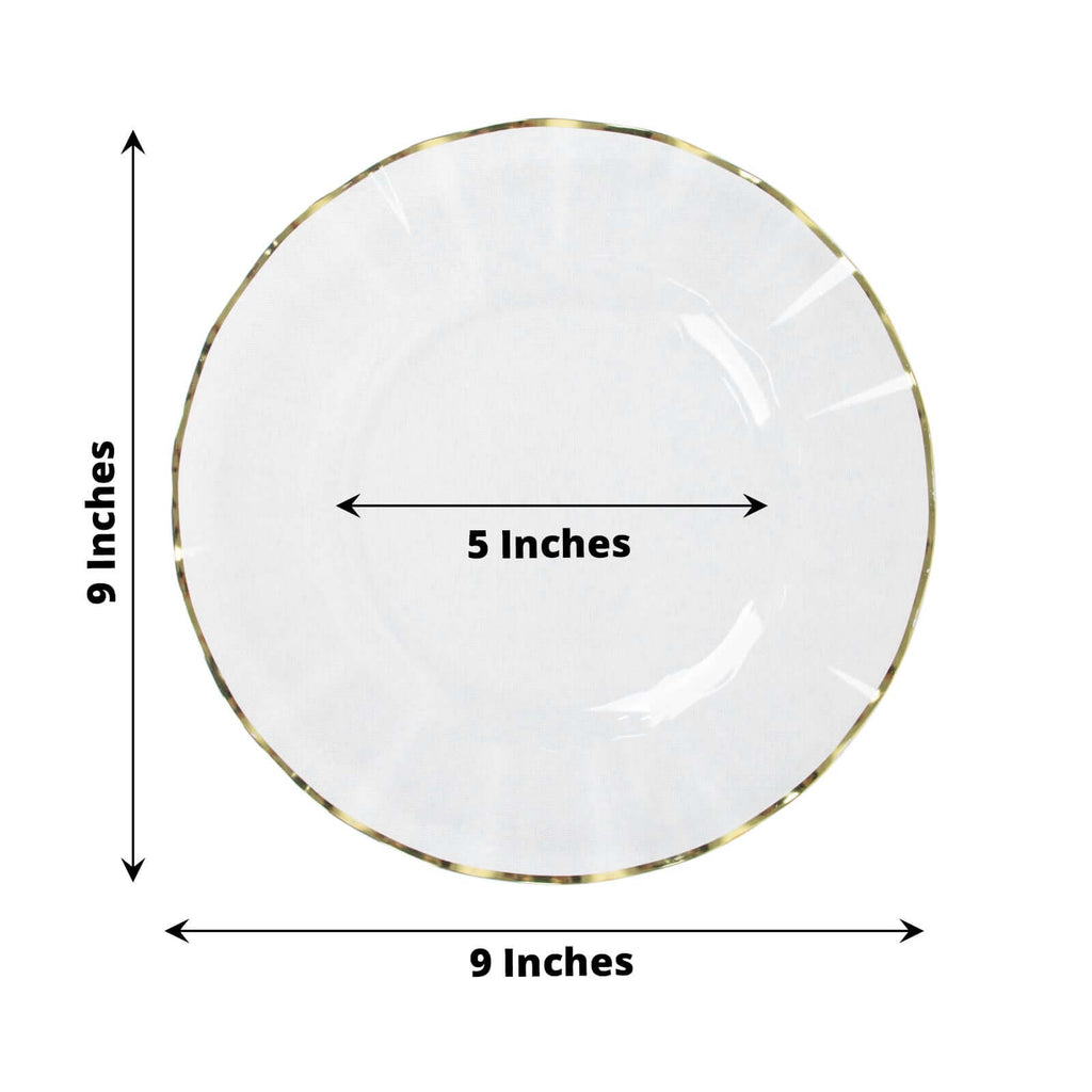 10-Pack Plastic 9" Round Dinner Plates in Clear Ruffled Rim with Gold Edging - Sturdy Disposable Dinnerware