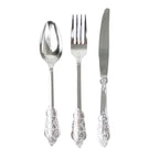 24 Pcs Plastic Silverware Set in Baroque Style Metallic Silver - Heavy Duty Disposable Knife, Fork, and Spoon Set