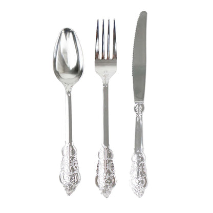 24 Pcs Plastic Silverware Set in Baroque Style Metallic Silver - Heavy Duty Disposable Knife, Fork, and Spoon Set