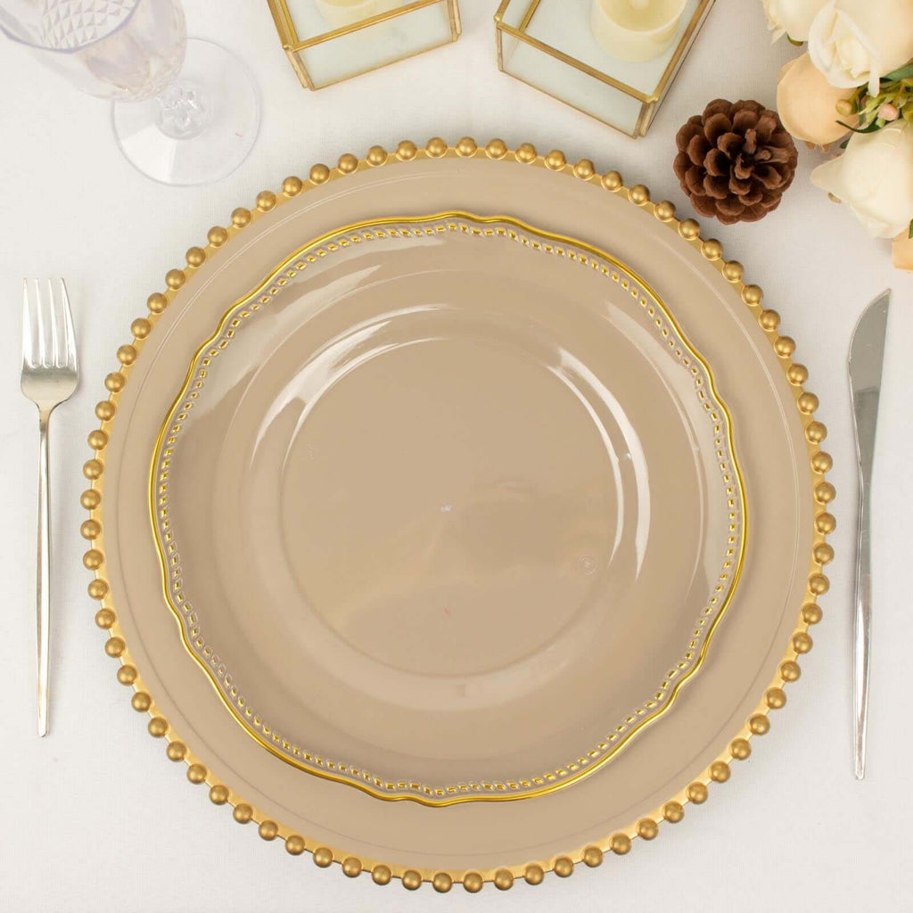 10-Pack Plastic 10" Dinner Plates in Clear with Gold Scalloped Rim - Disposable Large Party Plates