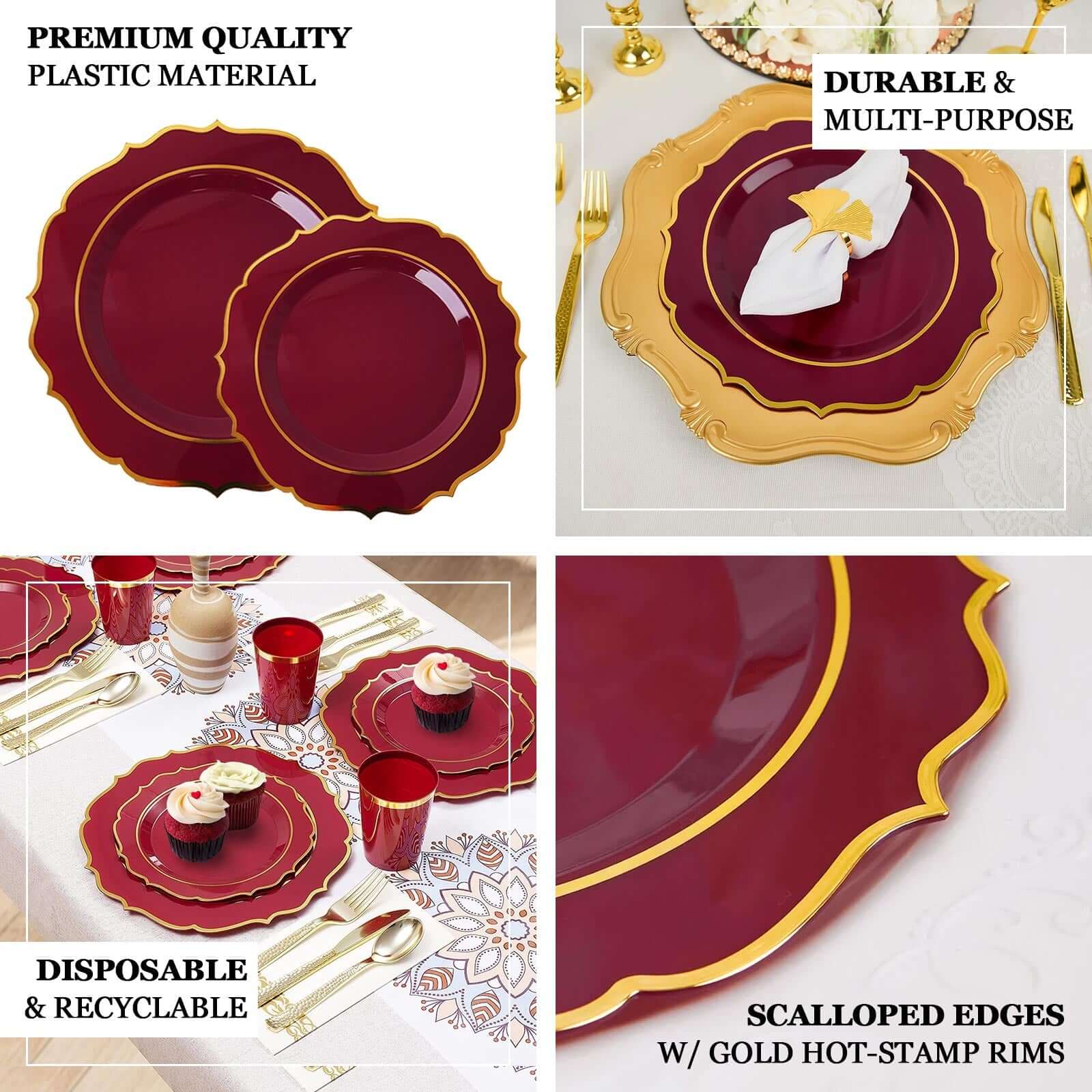 10-Pack Plastic 8" Round Dessert Plates in Burgundy with Gold Scalloped Rim - Disposable Appetizer/Salad Plates