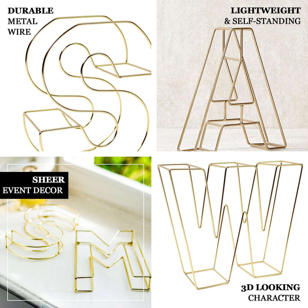 8" Tall Gold Freestanding 3D Decorative Wire Letter, Wedding Centerpiece - U