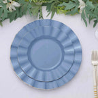 10-Pack Plastic 9" Round Dinner Plates in Ocean Blue Ruffled Rim with Gold Edging - Sturdy Disposable Dinnerware