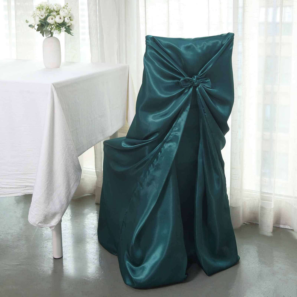 Satin Chair Cover Self-Tie Universal Design Peacock Teal - Durable Slip-On Cover for Folding, Dining, Banquet & Standard Chairs