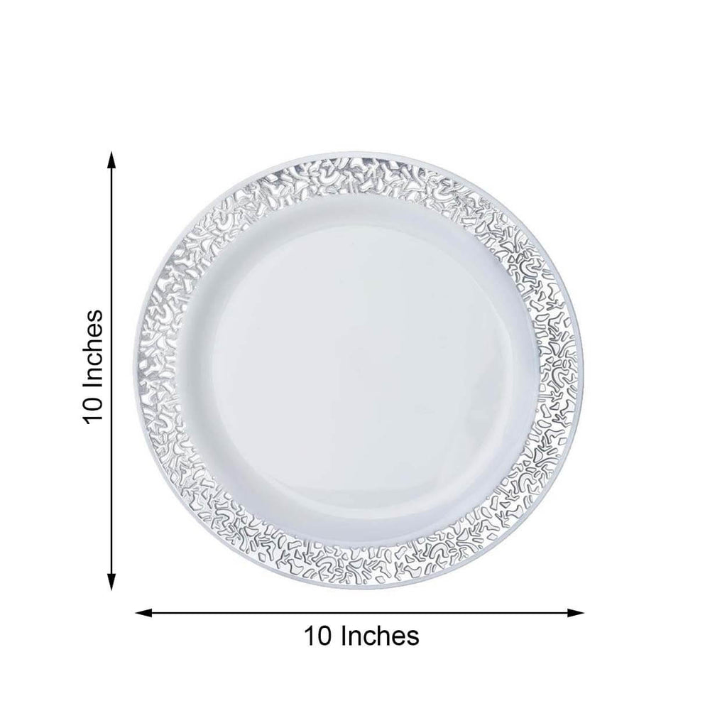 10-Pack Plastic Dinner Plates White with Fancy Silver Lace Rim - Stylish Disposable Plates for Events 10"