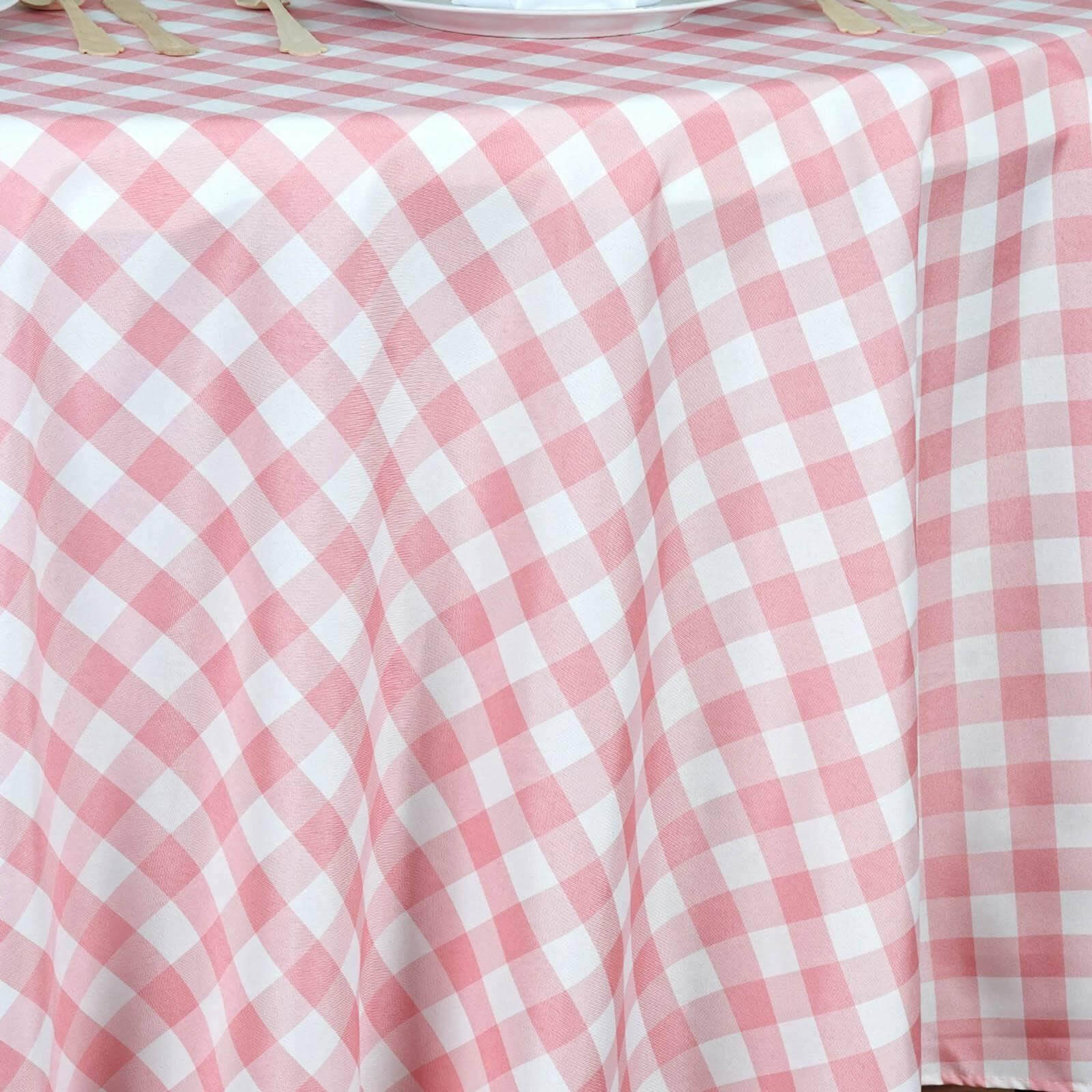 Polyester 108" Round Tablecloth White/Rose Quartz - Checkered Buffalo Plaid Design for Stylish Celebrations
