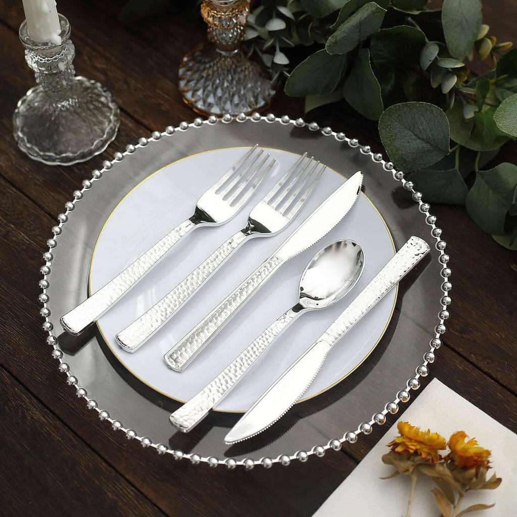 24-Pack Plastic Silverware Set with Hammered Design Silver - Heavy Duty Disposable Utensils 7"