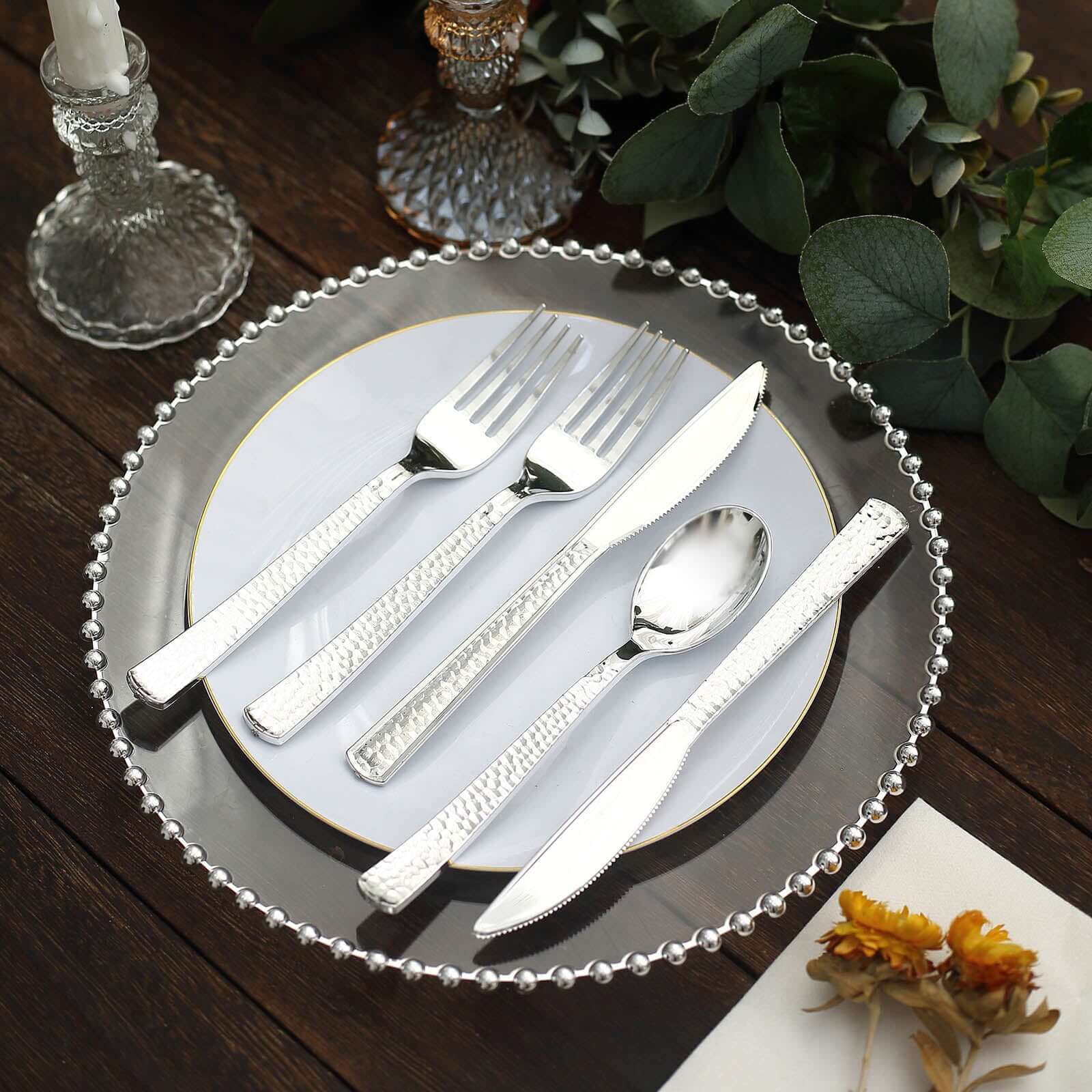 24-Pack Plastic Silverware Set with Hammered Design Silver - Heavy Duty Disposable Utensils 7"