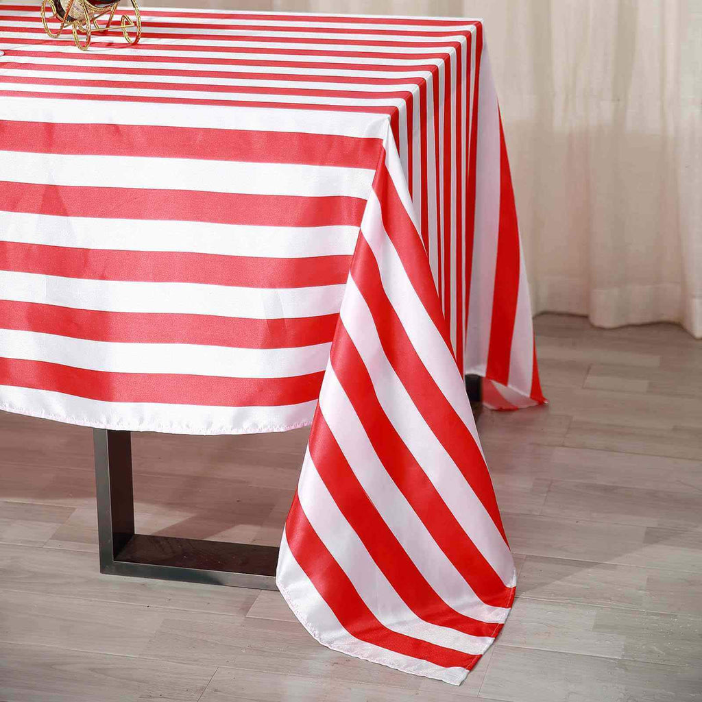 Satin 90"x156" Rectangle Tablecloth Red/White - Stripe Design with Seamless Finish Table Cover