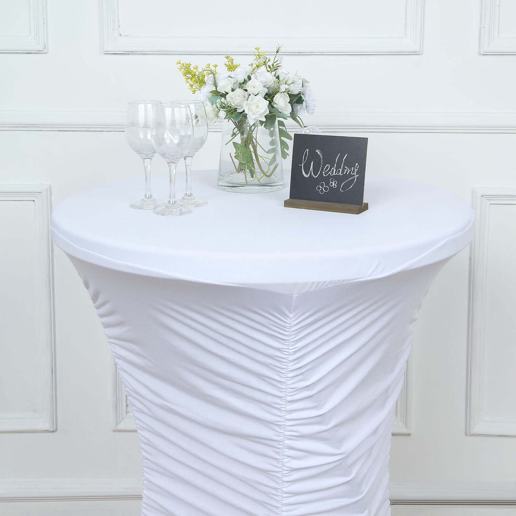 Heavy Duty Spandex 30" Fitted Round Cocktail Table Cover White Ruched Pleated - Durable Stretch Design