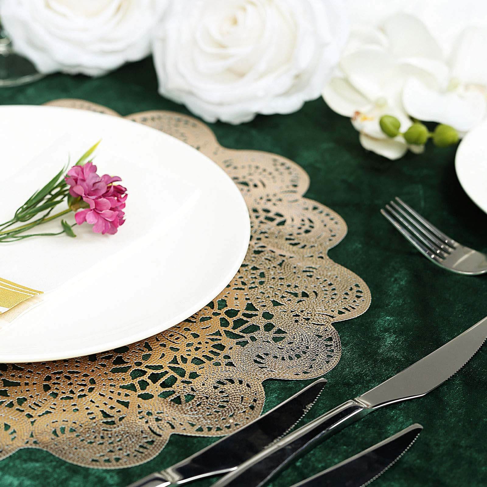 6-Pack Dining Table Mats Floral Lace Design Gold - Vinyl Non-Slip Surface with Vintage Appeal 15"