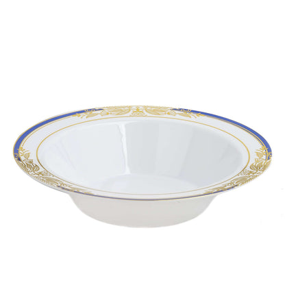 10-Pack Plastic Round Soup Bowl in White with Gold Vine & Royal Blue Rim - Sturdy Disposable Salad Dessert Bowls for Catering & Events 12oz
