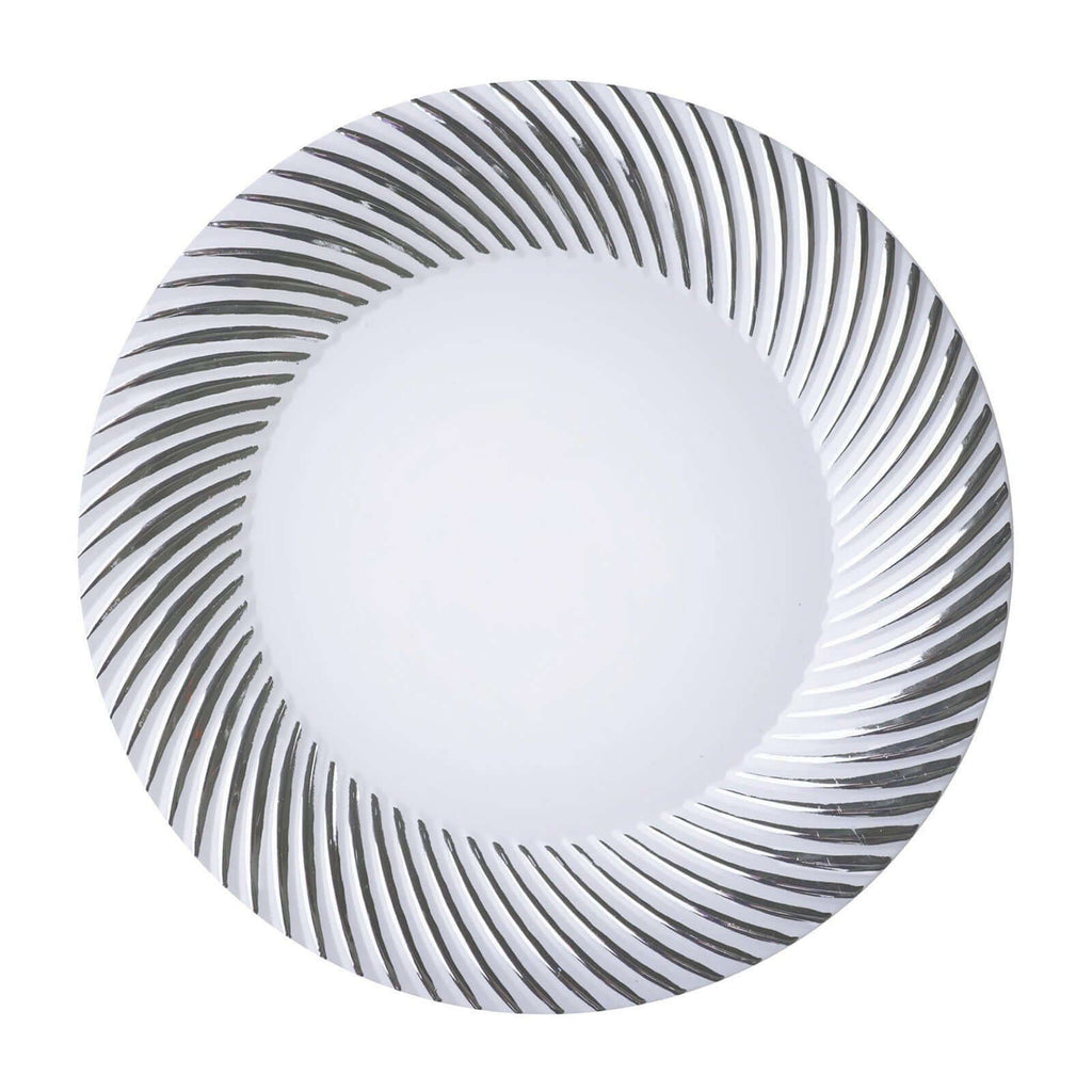 10-Pack Plastic 9" Round Dinner Plates White with Silver Swirl Rim - Disposable Party Plates