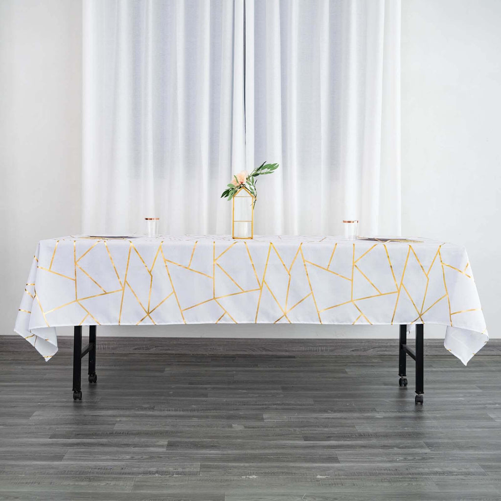 Polyester 60"x102" Rectangle Tablecloth White with Gold Foil Geometric Pattern - Wrinkle-Resistant and Durable Table Cover for Weddings & Events