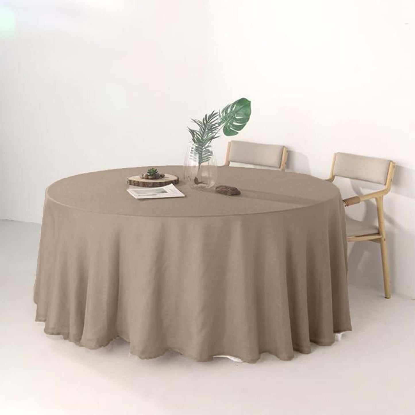 Faux Linen 120" Round Tablecloth Taupe - Slubby Texture Wrinkle-Resistant Seamless Table Cover
