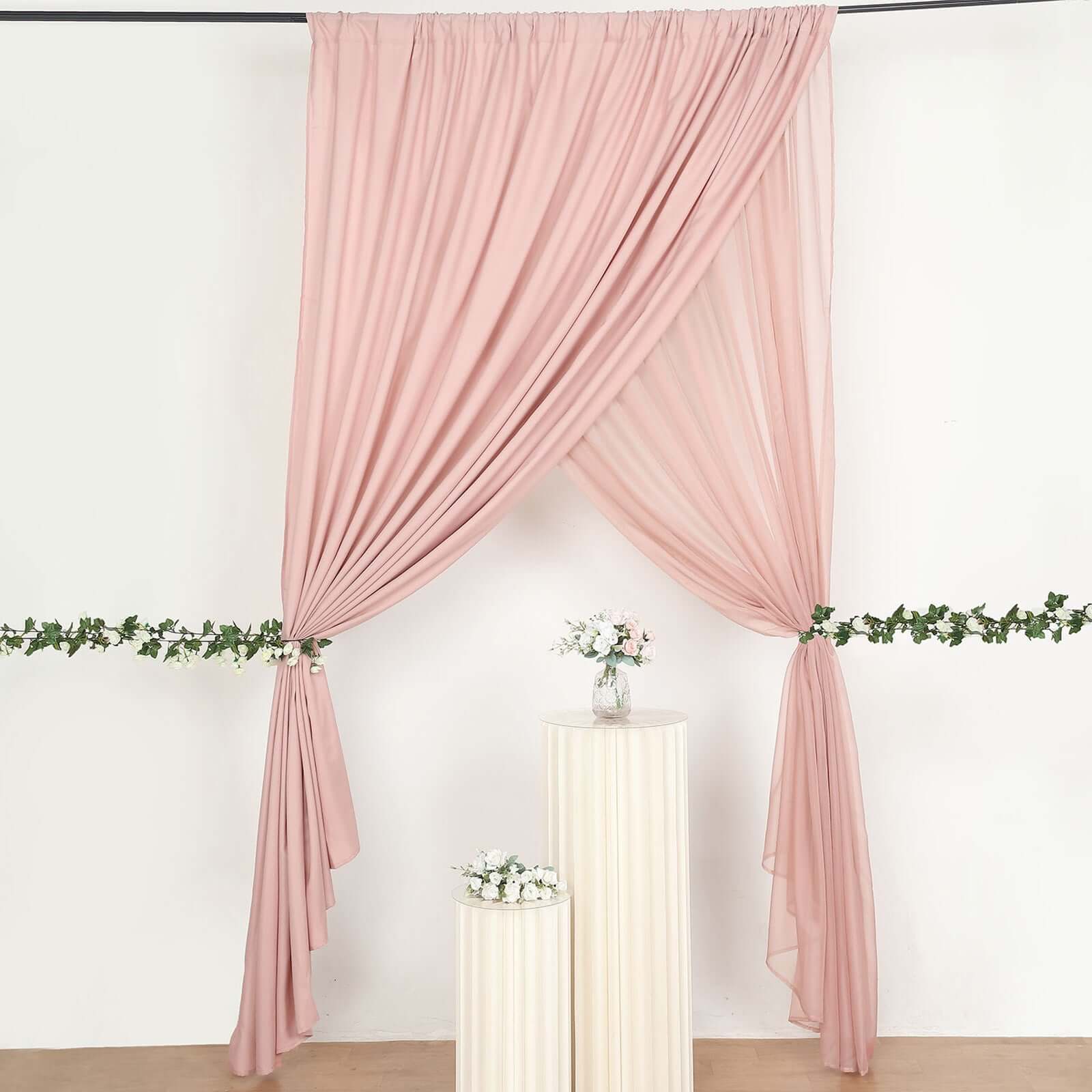 Dusty Rose Chiffon Polyester Event Curtain Drapes, Dual Layer Divider Backdrop Curtain Panels with Rod Pockets - 10ftx10ft - Bell Racket Store