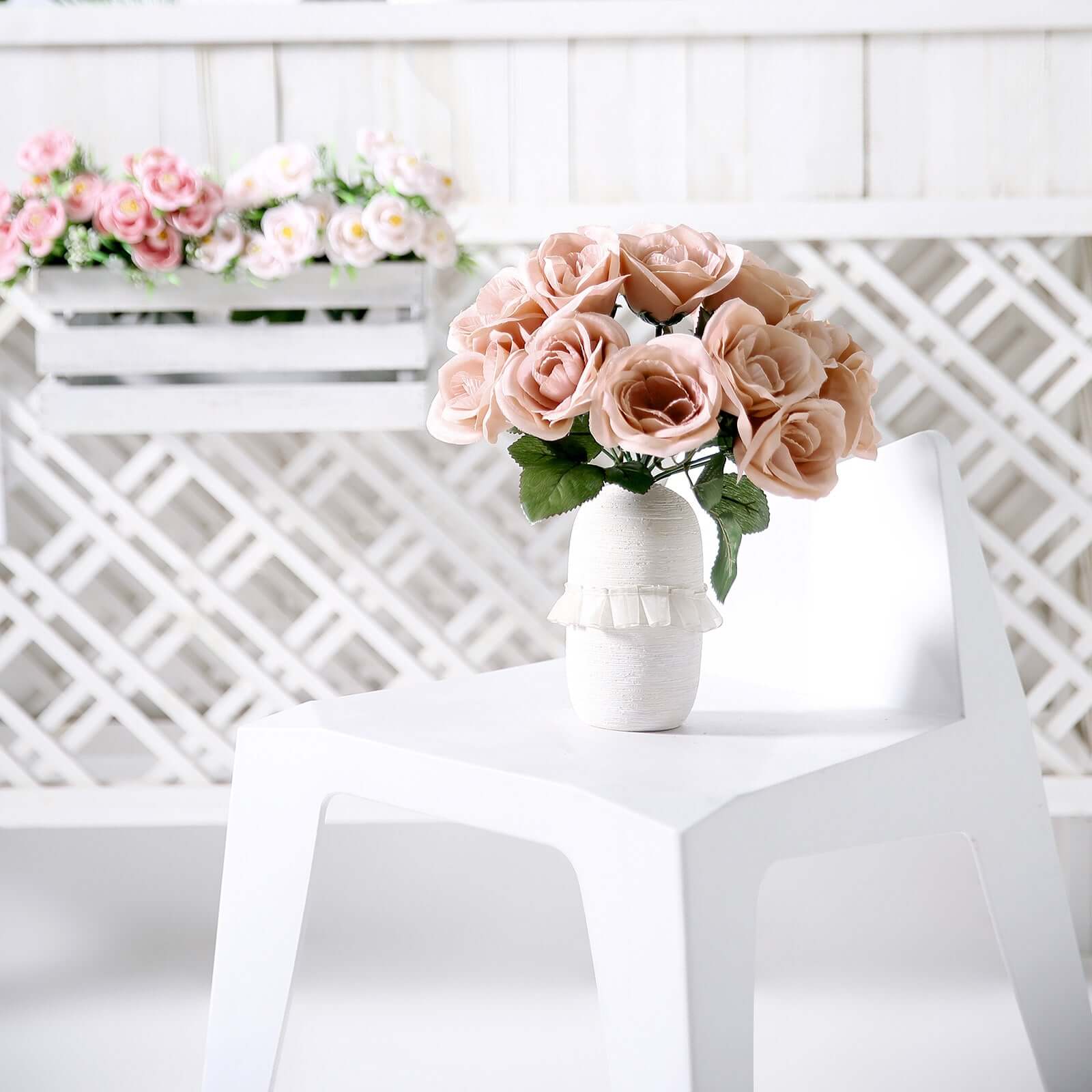 12" Dusty Rose Artificial Velvet-Like Fabric Rose Flower Bouquet Bush