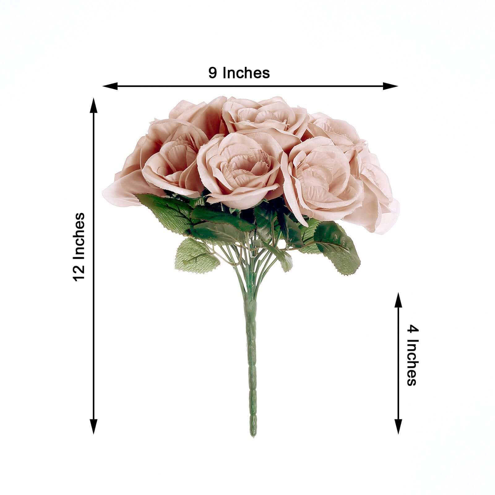 12" Dusty Rose Artificial Velvet-Like Fabric Rose Flower Bouquet Bush