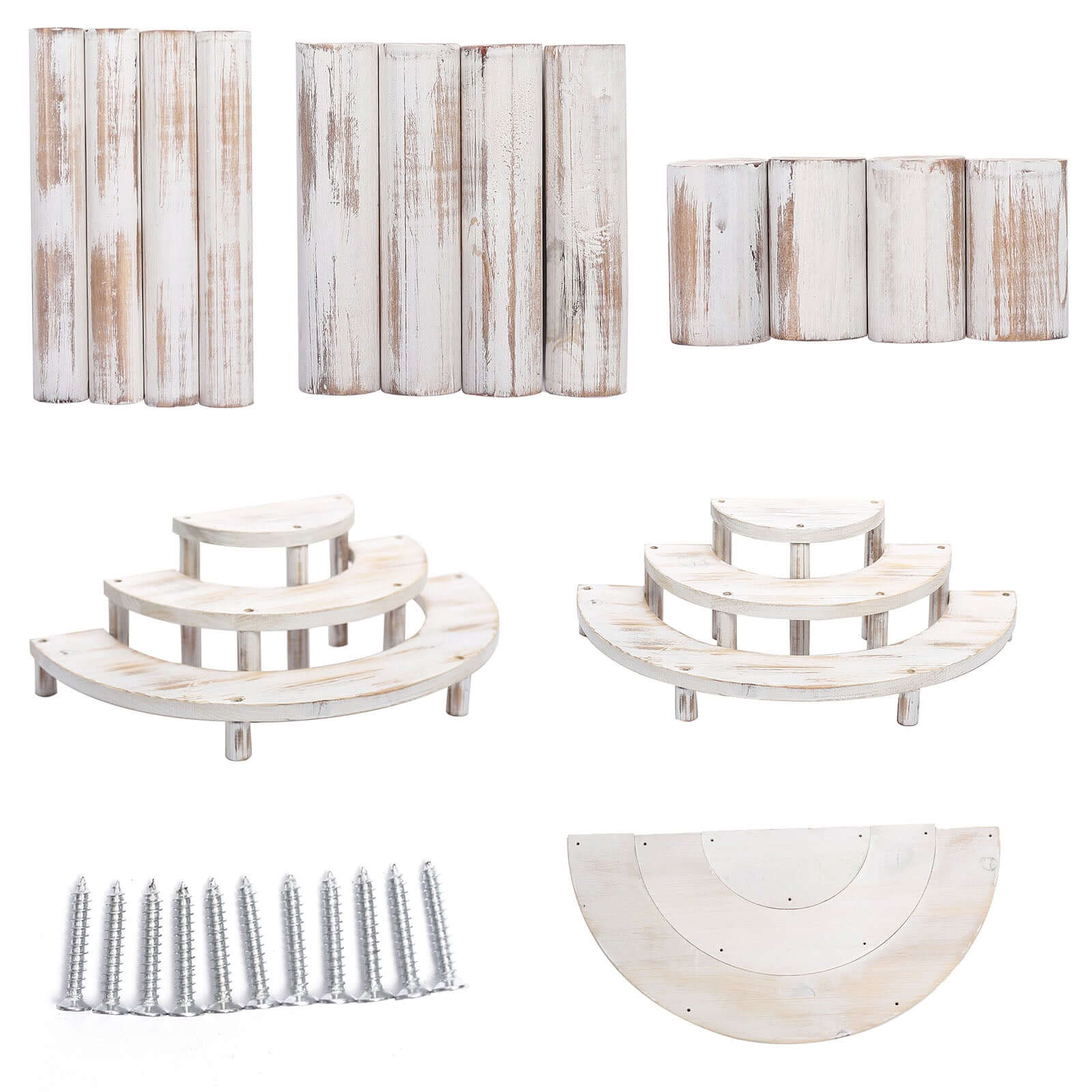 Set of 3 Wooden Dessert Pedestals Rustic Whitewashed 3-Tier Semicircle Design - Half Moon Cupcake Display Risers 7", 13", 18"