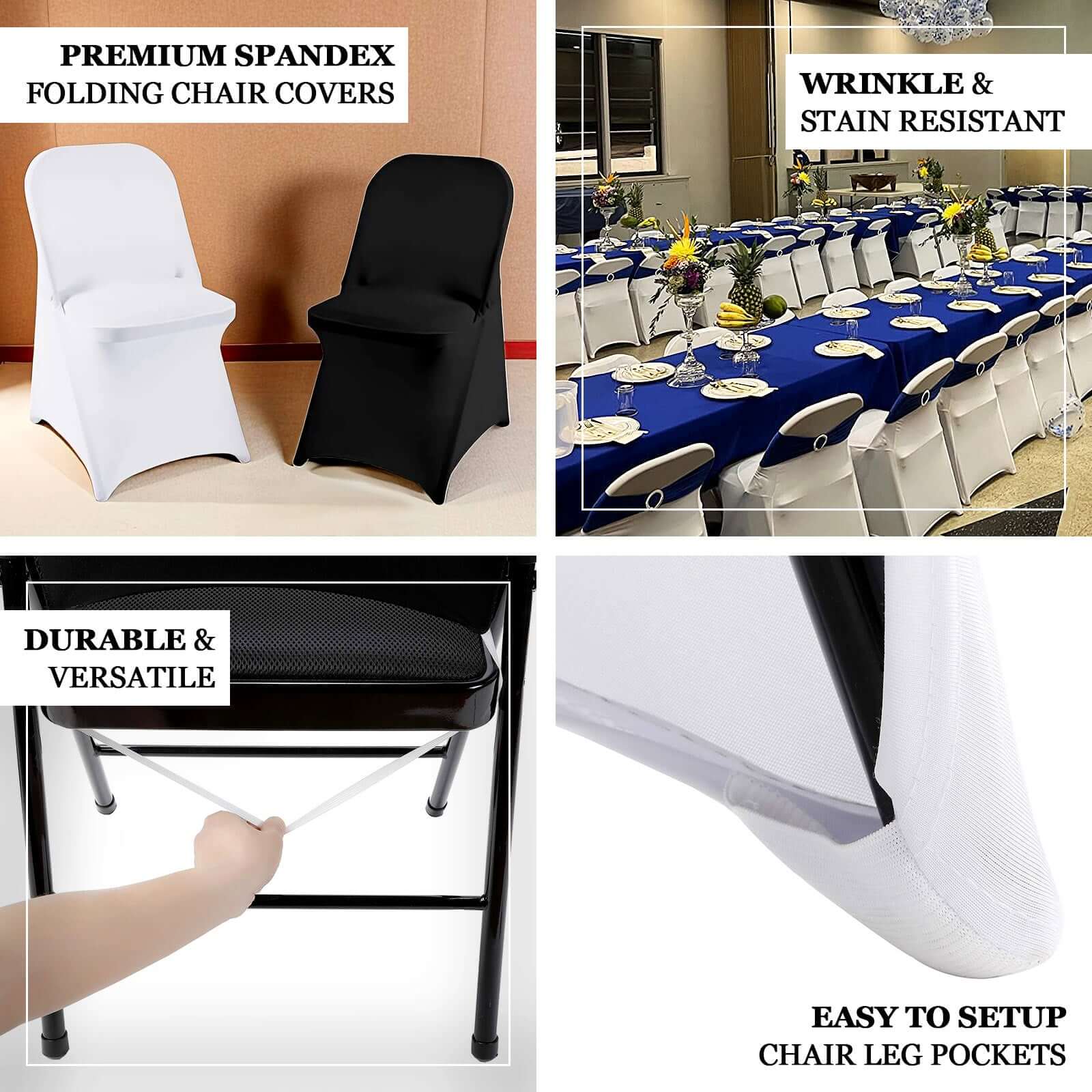 Premium Spandex Chair Cover with Foot Pockets for Folding Chairs Black - Stretch Fitted 220GSM Fabric