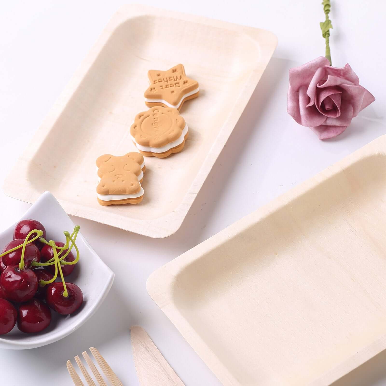 25-Pack Birchwood 5"x8" Rectangle Dessert Serving Plates - Natural Eco Friendly Wooden Disposable Plates for Farmhouse-Style Events, Parties & Gatherings