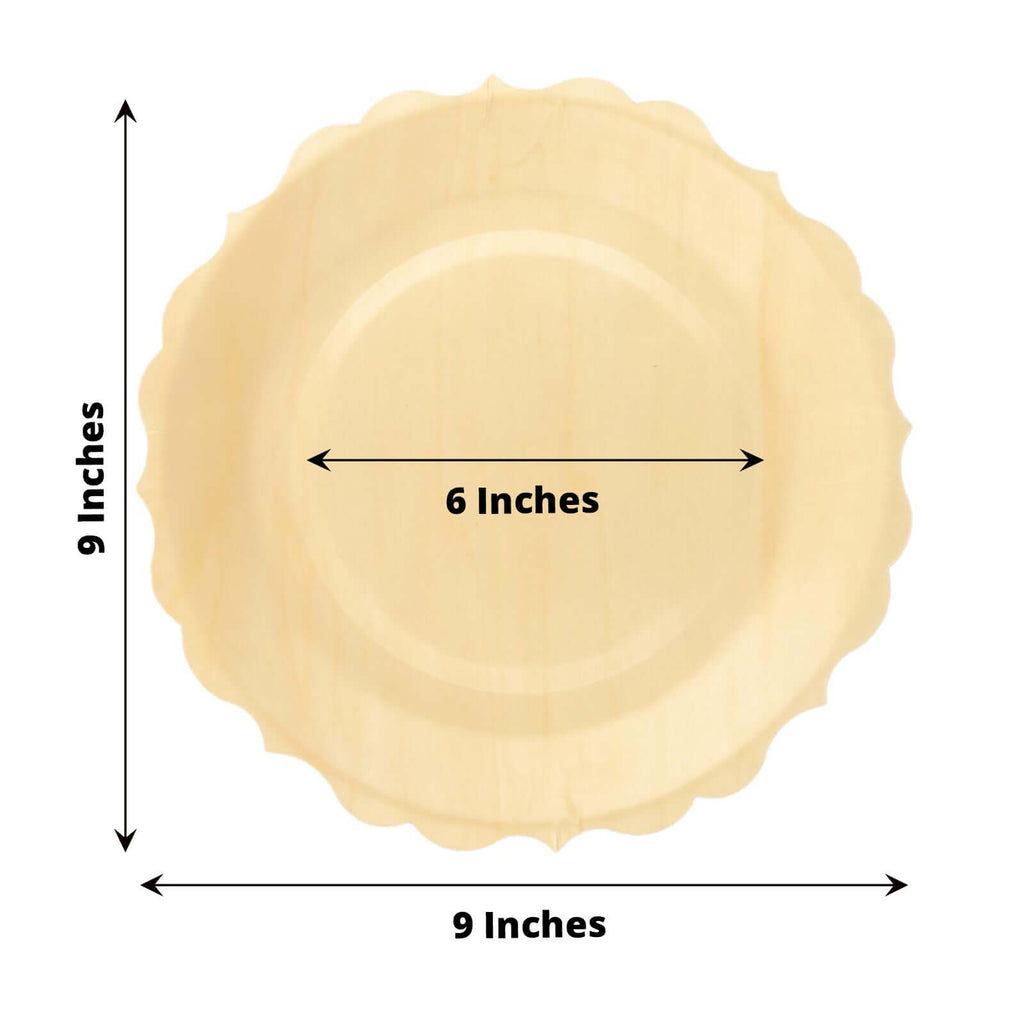 12-Pack Birchwood 9" Round Dinner Plates in Natural with Scalloped Rim - Eco Friendly Wooden Disposable Plates for Farmhouse-Style Events, Parties & Gatherings