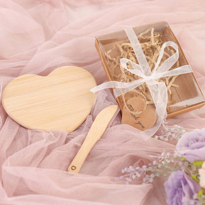 Heart Shaped Bamboo Brie Cheese Board and Knife Set Party Favor with Clear Gift Box, Ribbon & Thank You Tag