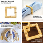 4 Pack Natural Bamboo Wooden Square Napkin Rings, Rustic Boho Chic Napkin Holders