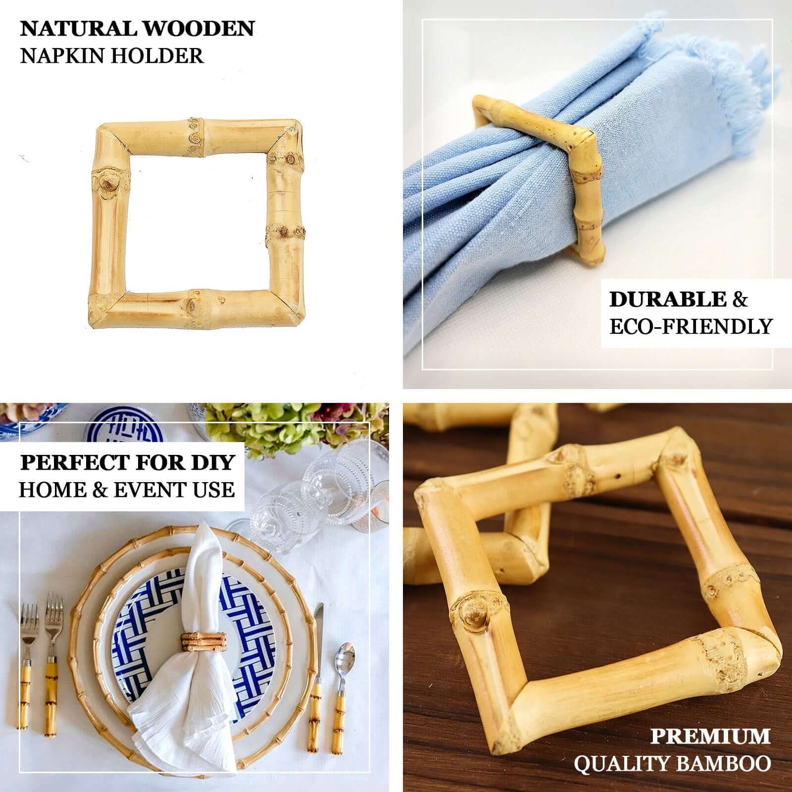 4 Pack Natural Bamboo Wooden Square Napkin Rings, Rustic Boho Chic Napkin Holders