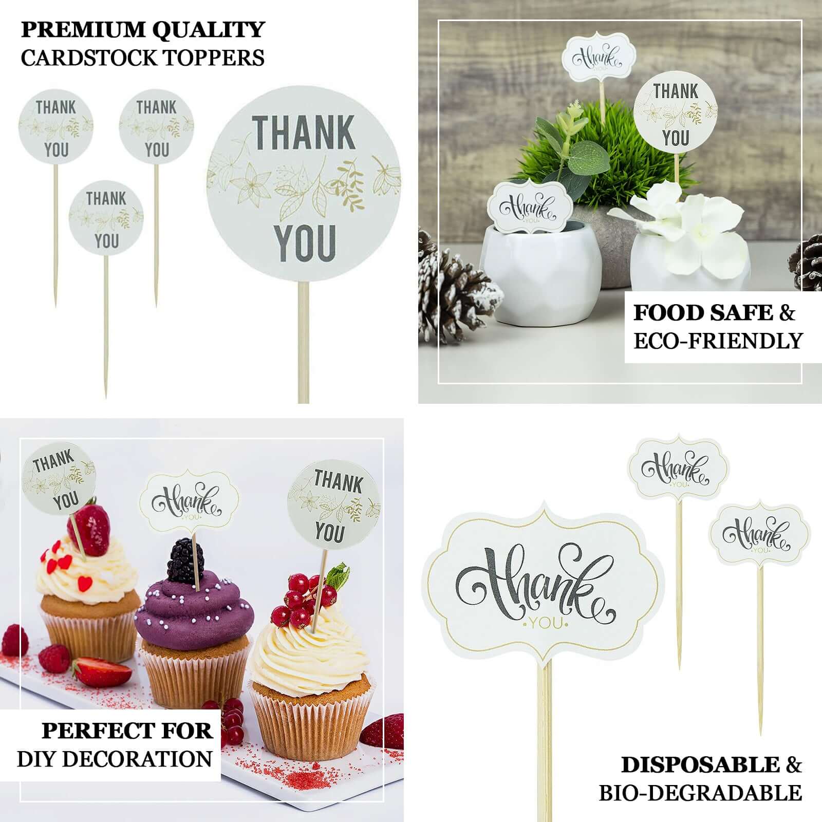 50-Pack Bamboo Cupcake Toppers Thank You Tag Round Design - Decorative Top Cocktail Picks 5.5"
