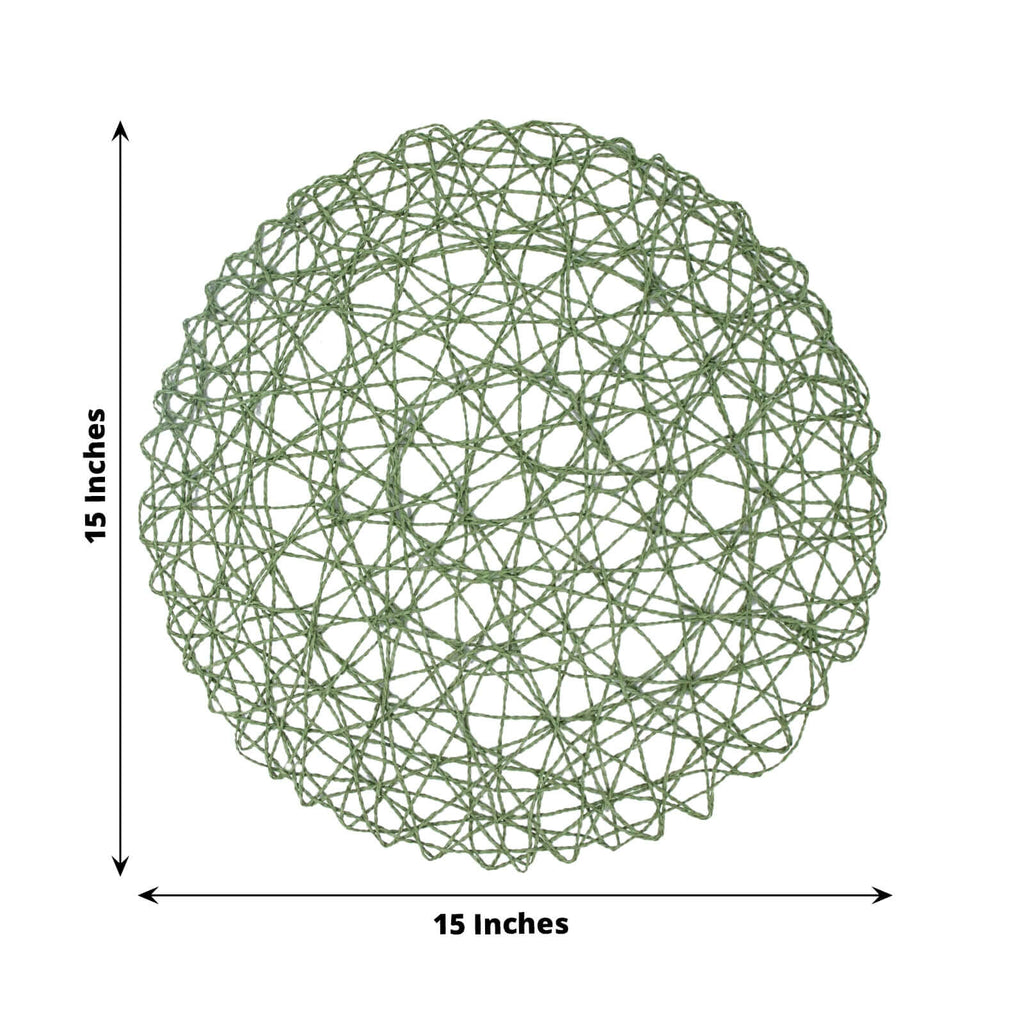 6-Pack Table Placemats Woven Fiber Design Olive Green Round - Disposable Mats for Dining and Events 15"