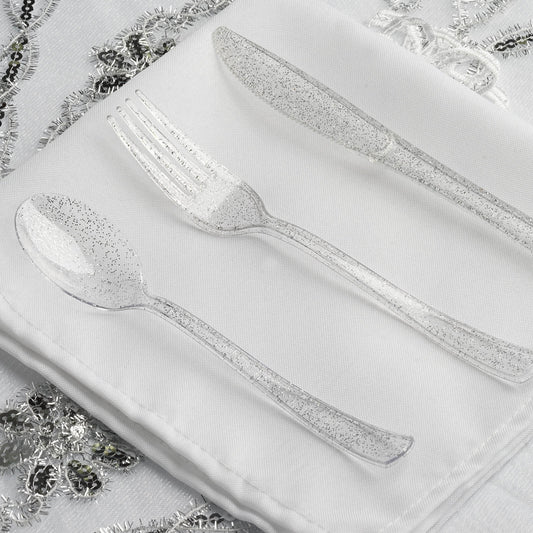 25-Pack Plastic Spoons Clear Silver Glitter Classic Heavy Duty - Decorative Disposable Tableware 7"