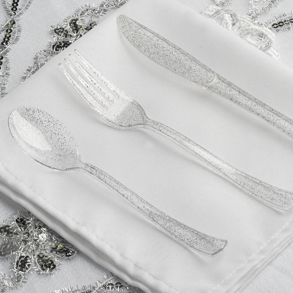 25-Pack Plastic Spoons Clear Silver Glitter Classic Heavy Duty - Decorative Disposable Tableware 7"