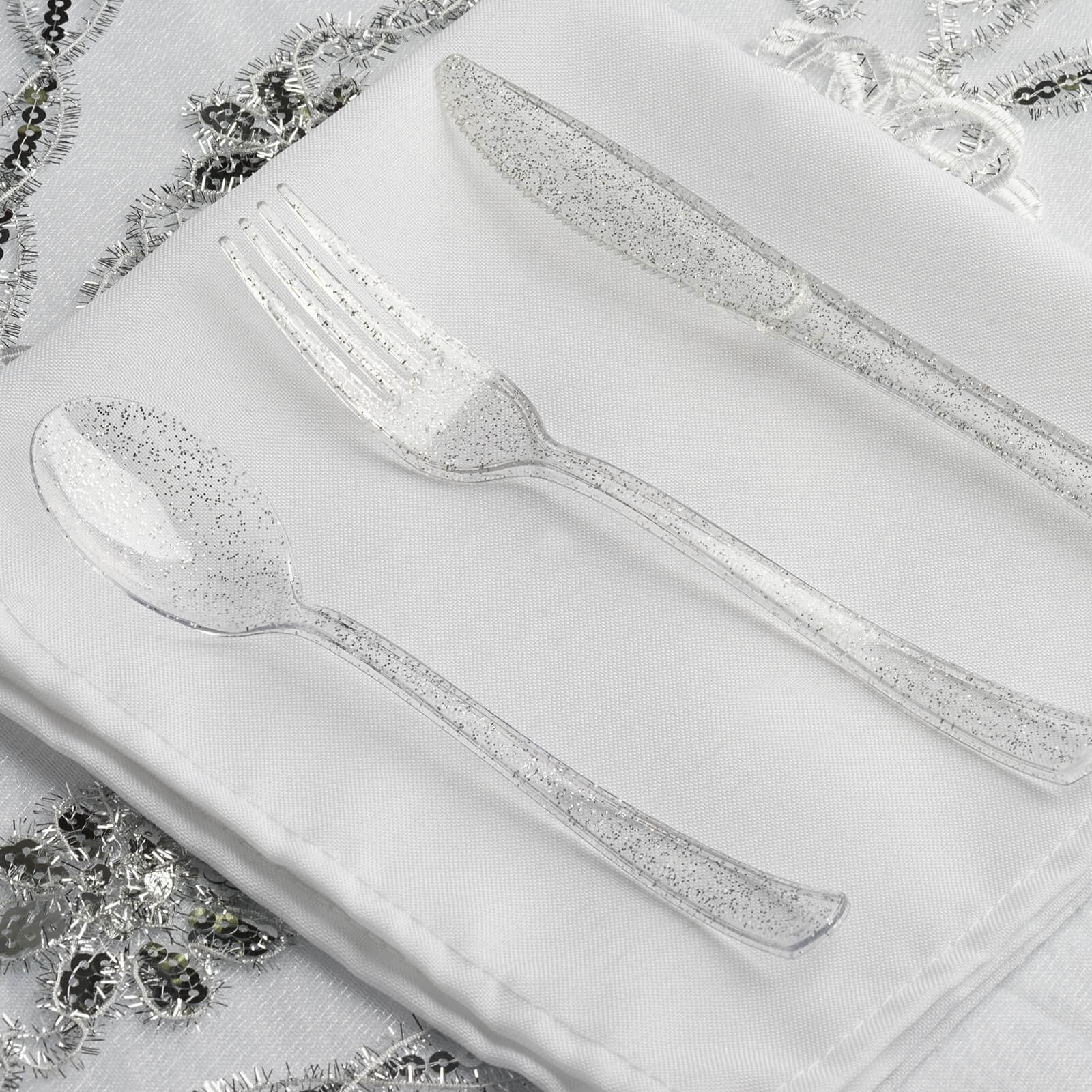 25-Pack Plastic Spoons Clear Silver Glitter Classic Heavy Duty - Decorative Disposable Tableware 7"