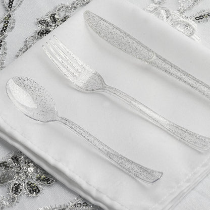 25-Pack Plastic Spoons Clear Silver Glitter Classic Heavy Duty - Decorative Disposable Tableware 7"