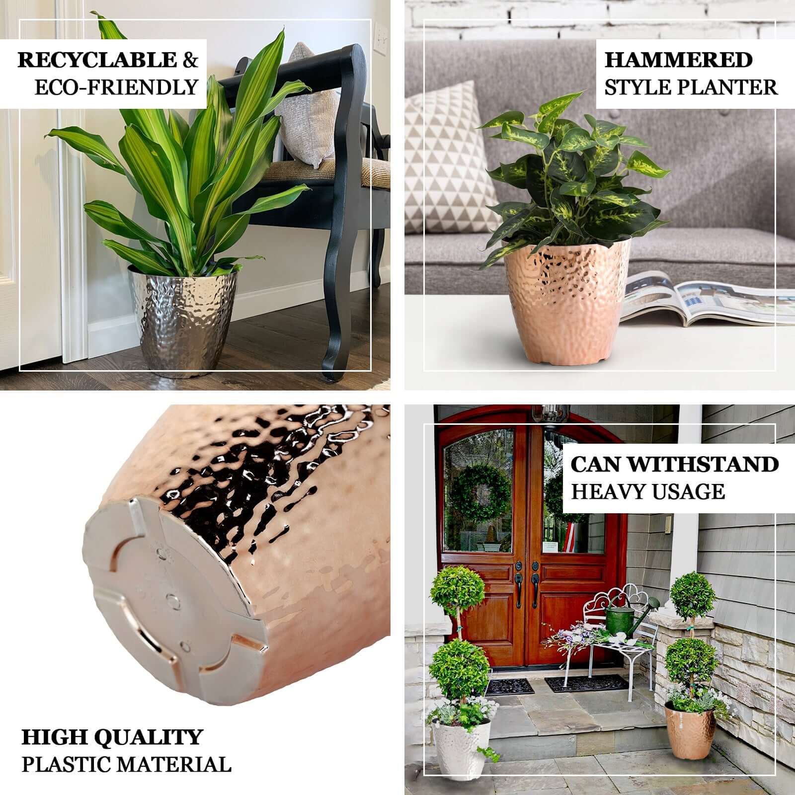 11" Gold Hammered Design Large Indoor Flower Plant Pot, Decorative Greenery Planter