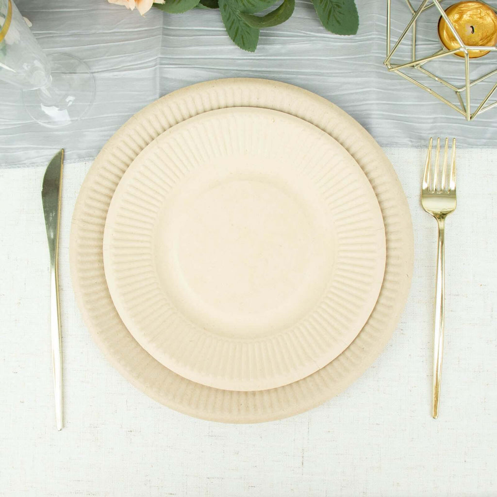50-Pack Bagasse 8" Round Dessert Plates in Natural with Ribbed Rim