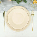 50-Pack Bagasse 8" Round Dessert Plates in Natural with Ribbed Rim
