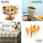 50-Pack Pine Wood Food Cones Eco Friendly Natural Disposable Design - 100% Biodegradable Tasting Serving Cones 6"