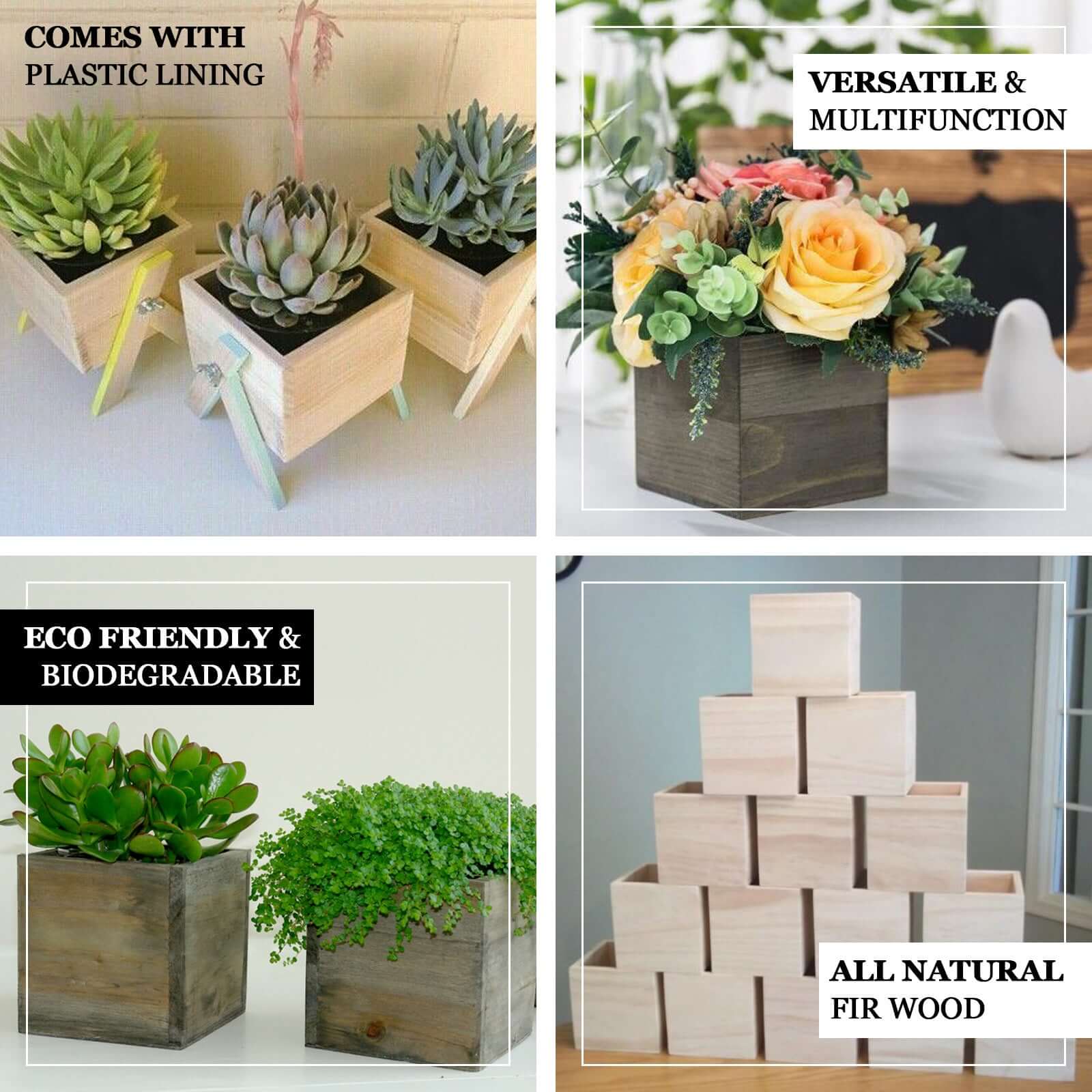 2 Pack 5" Whitewash Square Wood Planter Box Set With Removable Plastic Liners