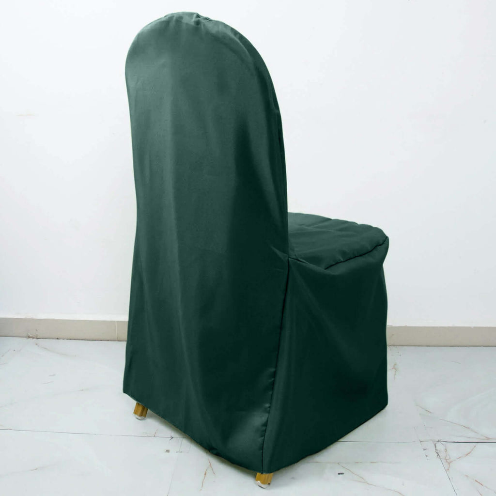Polyester Slip On Banquet Chair Covers Hunter Emerald Green - Stain-Resistant Reusable Durable Fabric
