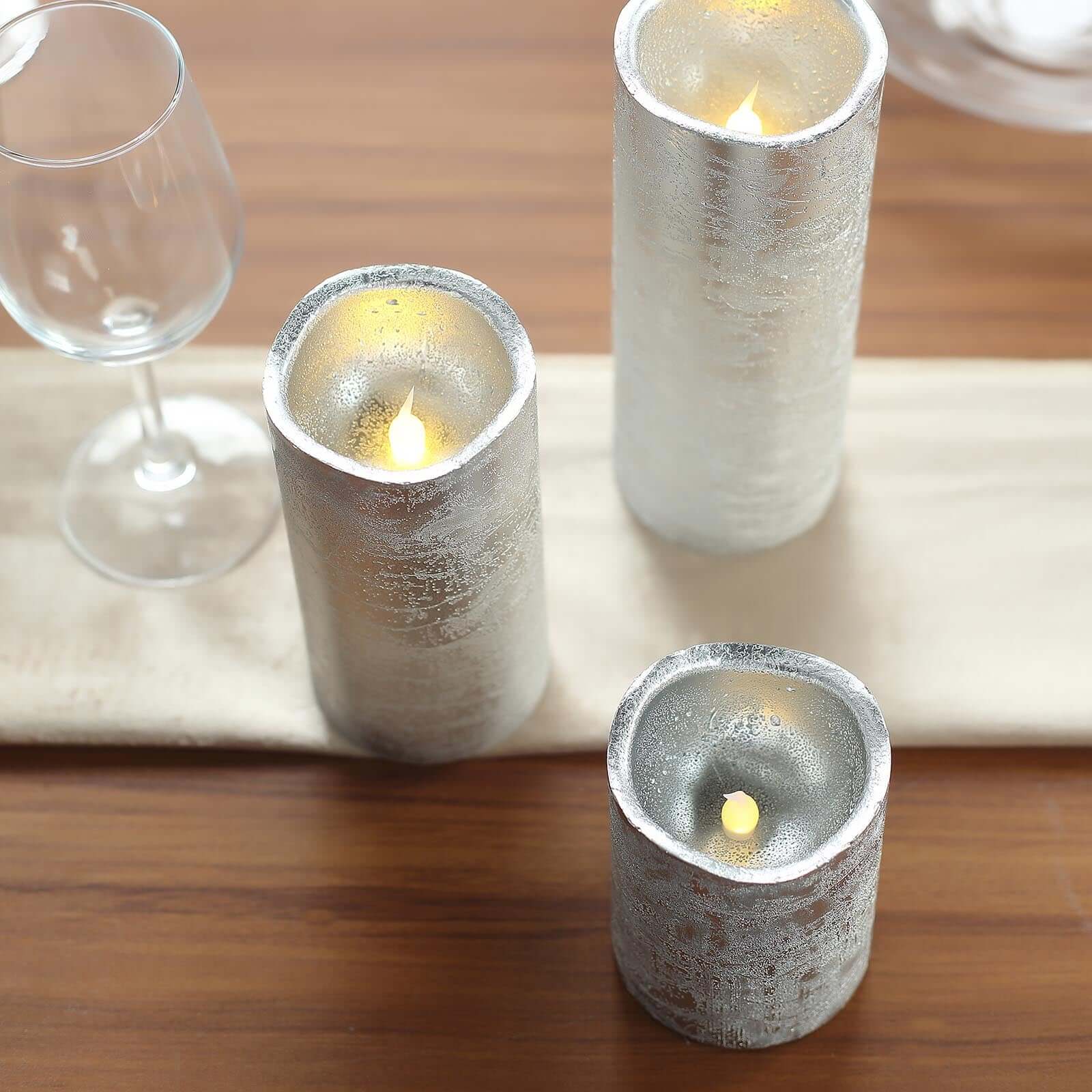 Set of 3 LED Flameless Pillar Candles Remote Operated Metallic Silver - Battery Powered 4", 6", 8"