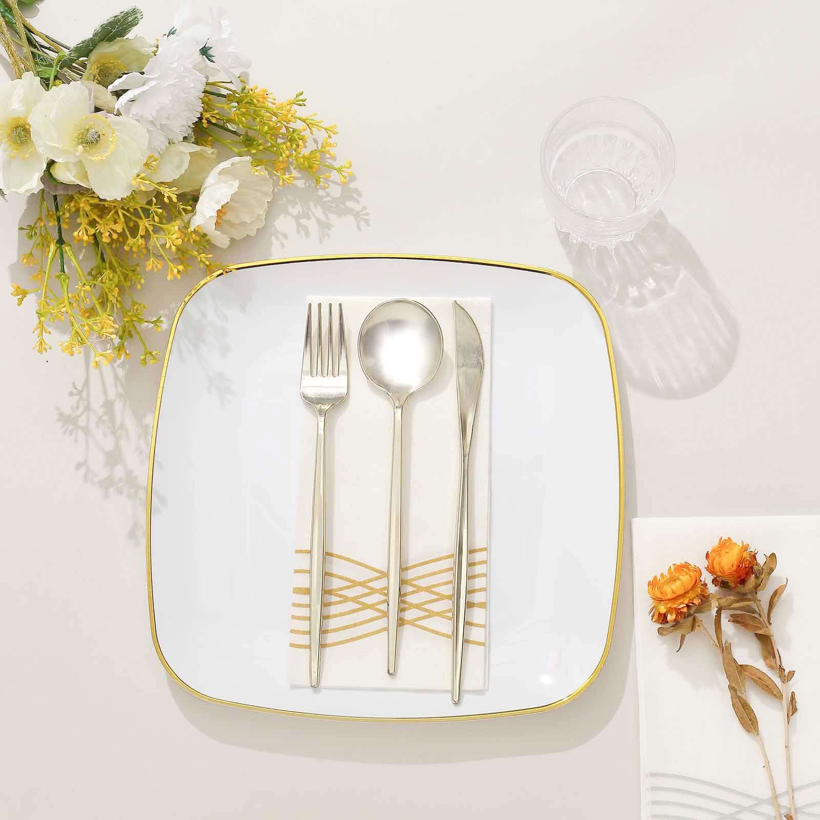 10-Pack Plastic 10" Square Dinner Plates in White with Gold Rim - Classy Disposable Lunch Party Plates for Weddings & Special Events