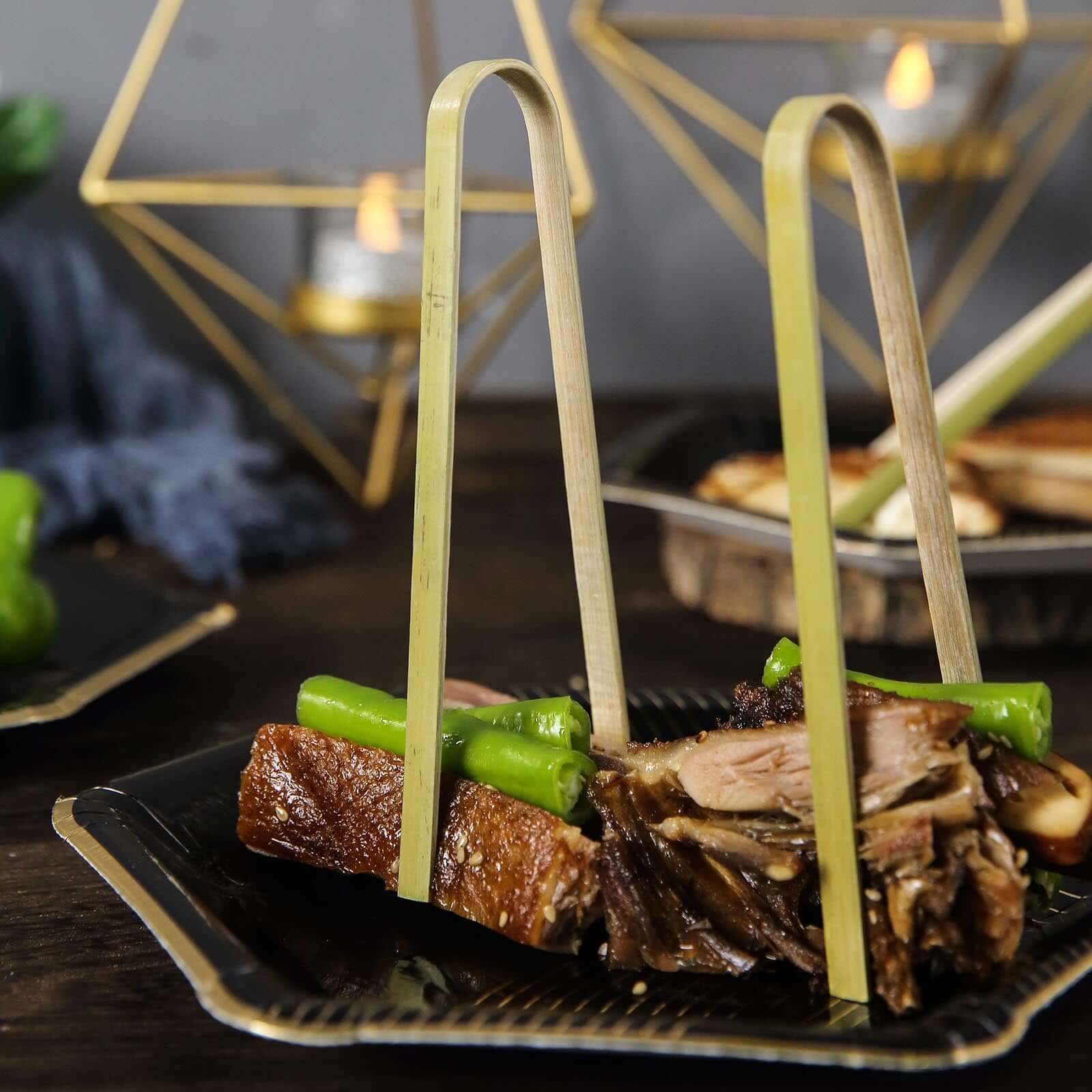 50-Pack Bamboo Wooden Tongs Disposable Flatware Eco Friendly Natural - Biodegradable Party Serving Utensils 6"