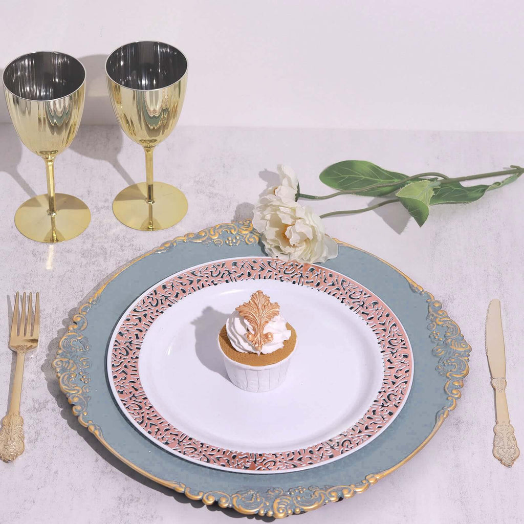 6-Pack Acrylic Round Charger Plates 13" in Dusty Blue with Gold Embossed Baroque Rim, Antique Decorative Dinner Party Charger Tableware