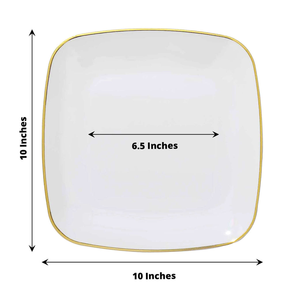 10-Pack Plastic 10" Square Dinner Plates in White with Gold Rim - Classy Disposable Lunch Party Plates for Weddings & Special Events