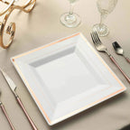 10-Pack Plastic Dinner Plates White Square with Rose Gold Trim - Lightweight Disposable Plates for Events 10"