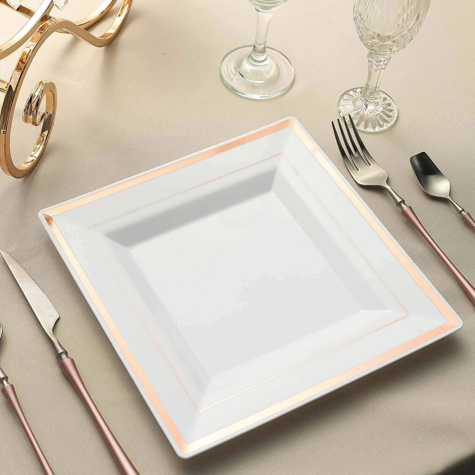 10-Pack Plastic Dinner Plates White Square with Rose Gold Trim - Lightweight Disposable Plates for Events 10"